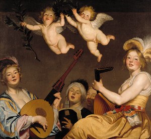 Ölgemälde auf dem vier Musikerinnen und zwei kleine Engel zu sehen sind